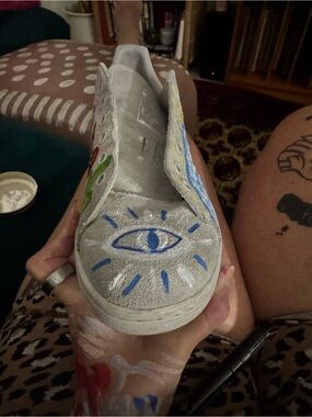 adidas Gray Slip-On Sneakers with Blue Eye Graphic- hand painted Stan smith